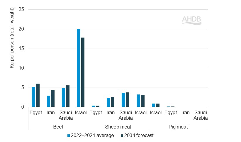 Bar graph showing red meat consumption per capita in MENA (2022-24 average and 2034 forecast)